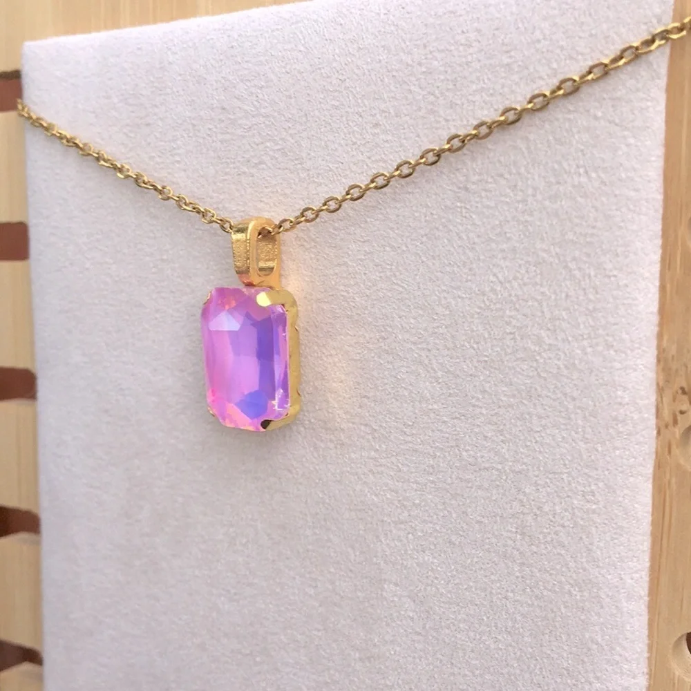 Pink-Purple Opal Aurora Borealis + Gold Emerald Cut Crystal Pendant Necklace - Picture 7 of 14